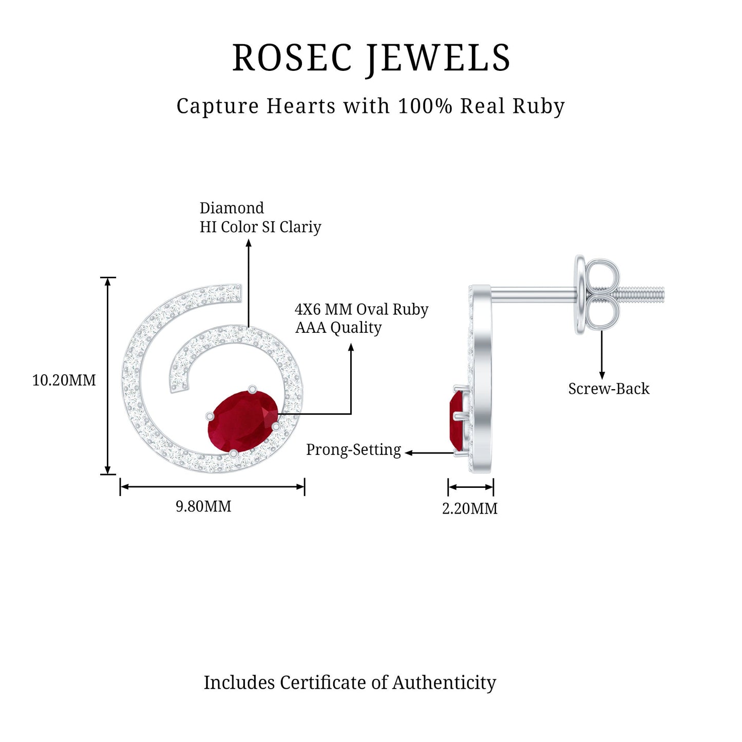 1 CT Oval Cut Ruby and Diamond Swirl Stud Earrings