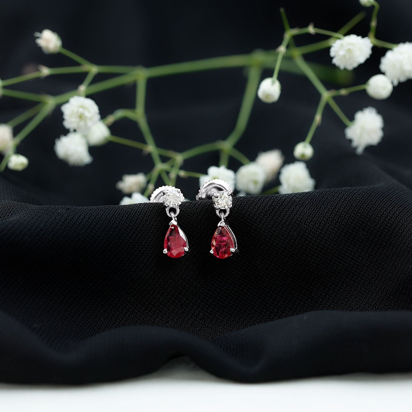 Natural Ruby Teardrop Drop Earrings with Lab Grown Diamond