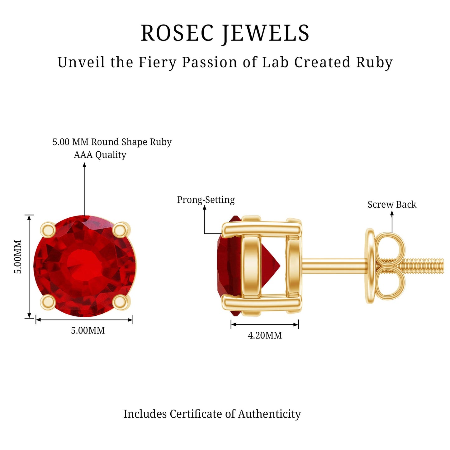 Round Shape Lab Grown Ruby Solitaire Stud Earrings