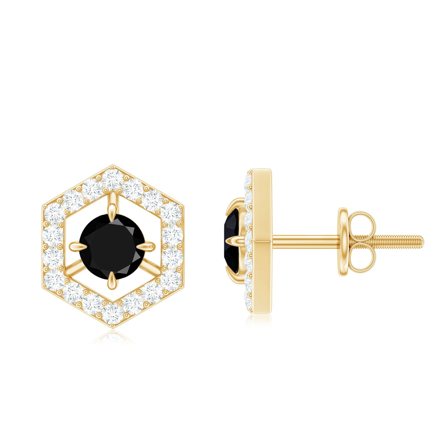 0.9 Carat Black Spinel and Diamond Hexagon Stud Earrings