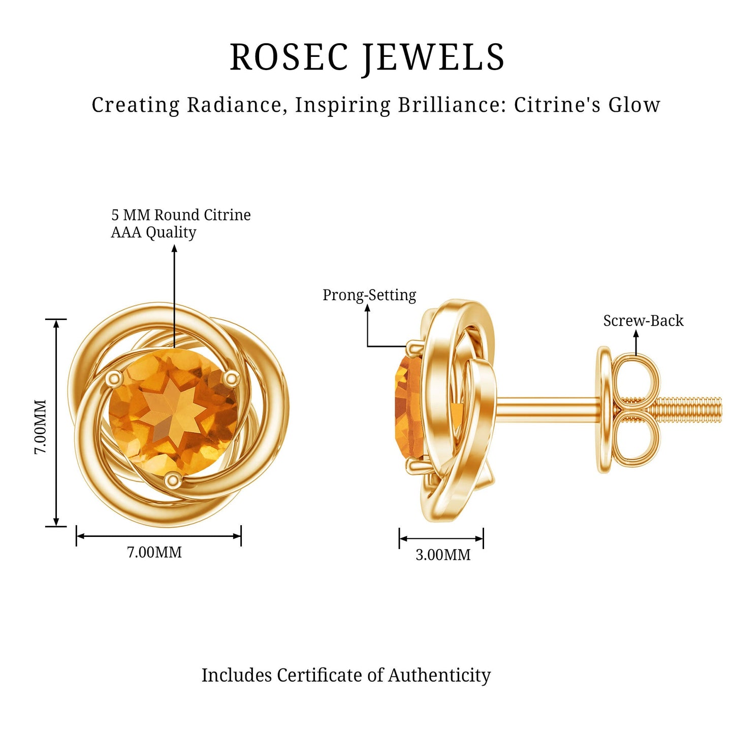 Solitaire 1 Carat Citrine Swirl Stud Earrings in 3 Prong Setting