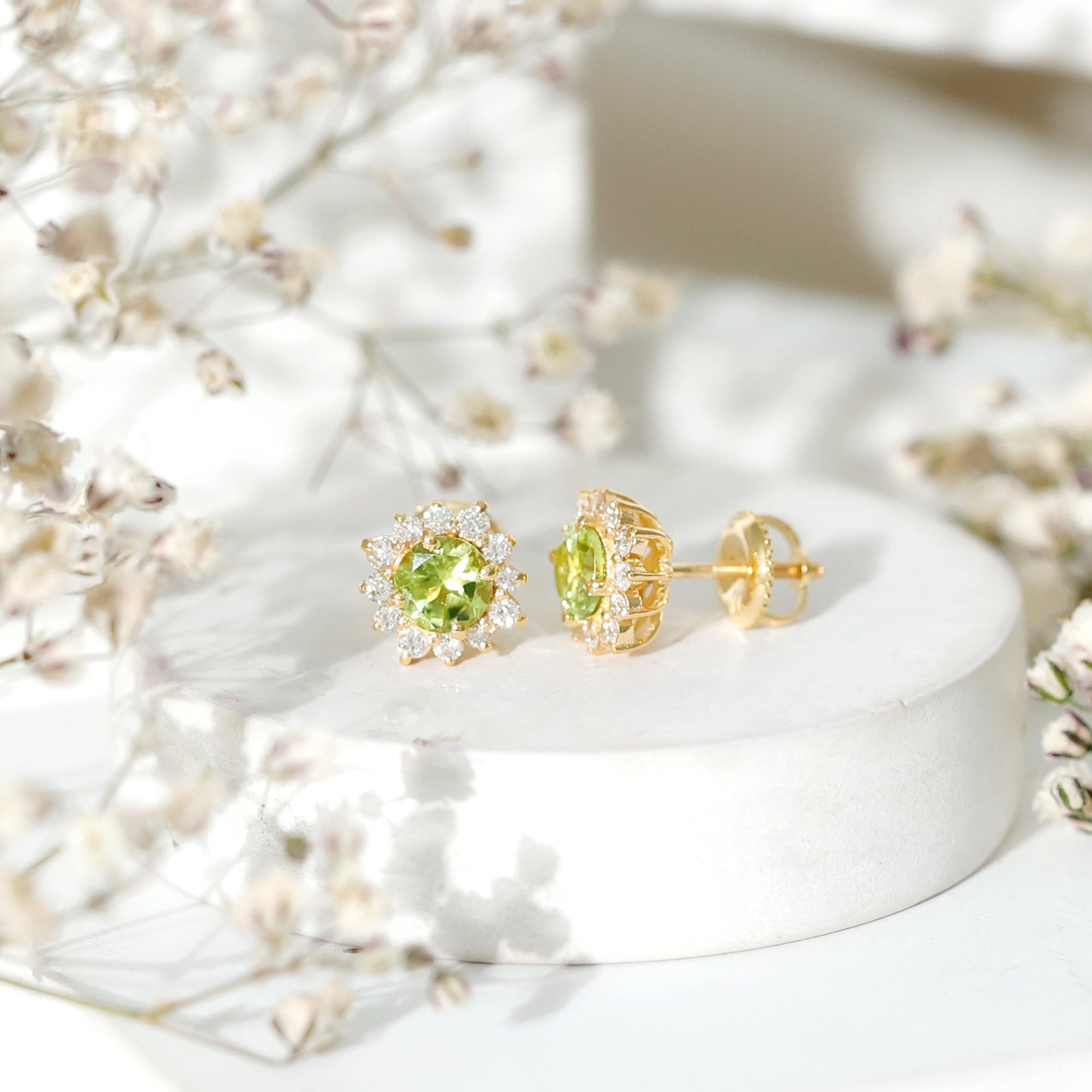 1 Carat Peridot Stud Earrings with Diamond Halo