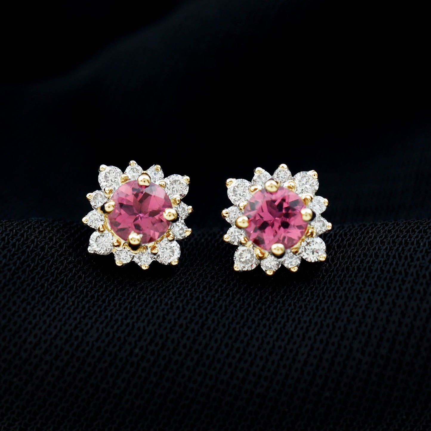 Round Pink Tourmaline Stud Earrings with Diamond Halo