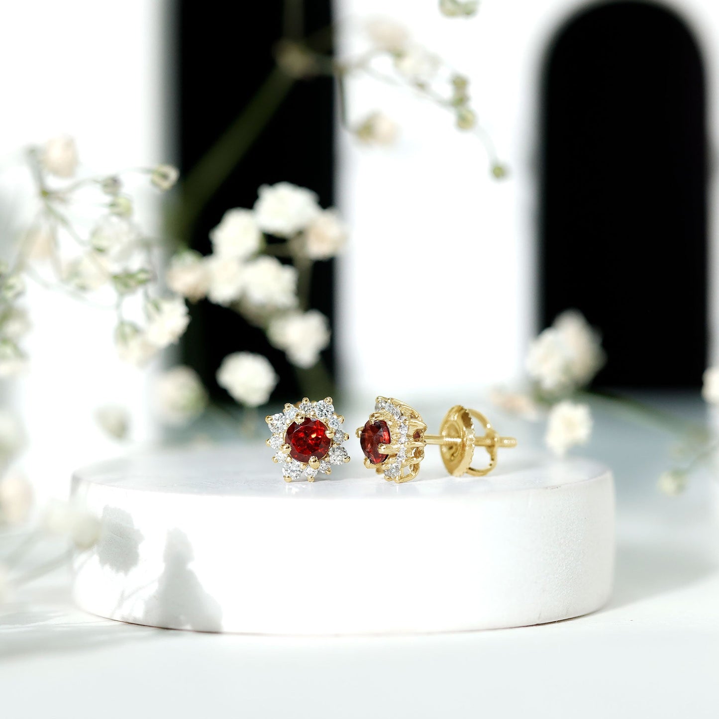 0.6 Carat Garnet Classic Stud Earrings with Diamond Halo
