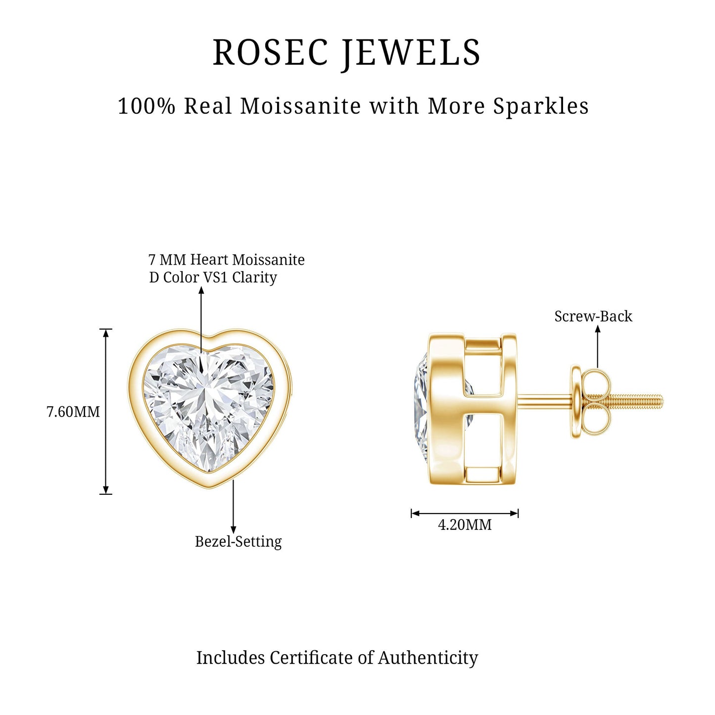 3 Carat Moissanite Heart Stud Earrings in Bezel Setting