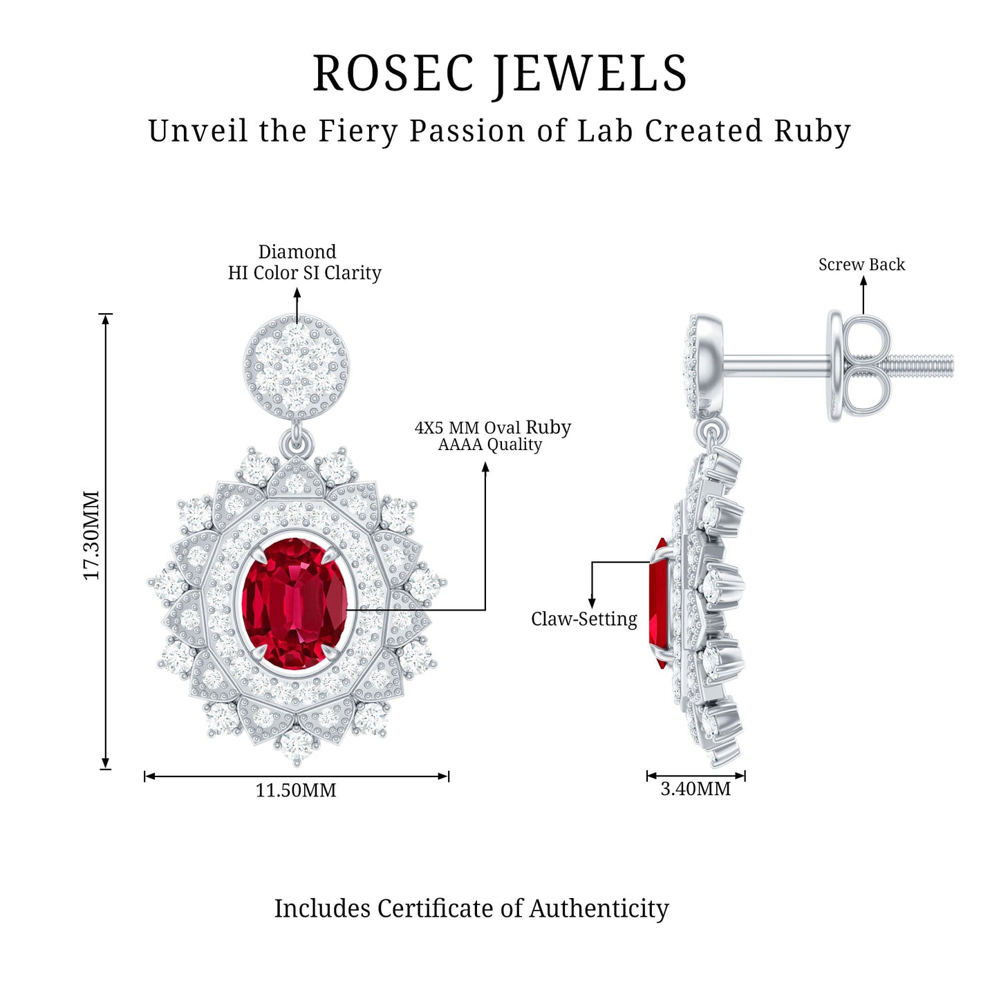 Vintage Lab Created Ruby Bridal Drop Earrings with Diamonds