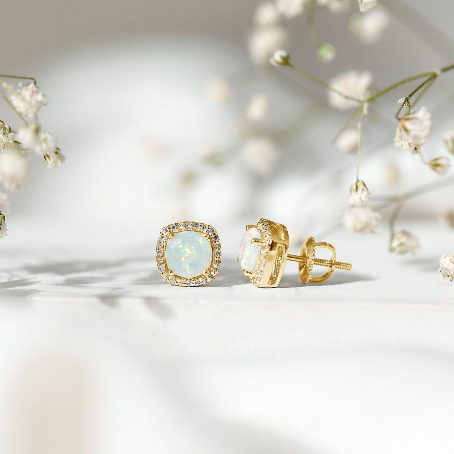 Real 1.6 Carat Ethiopian Opal and Diamond Halo Stud Earrings