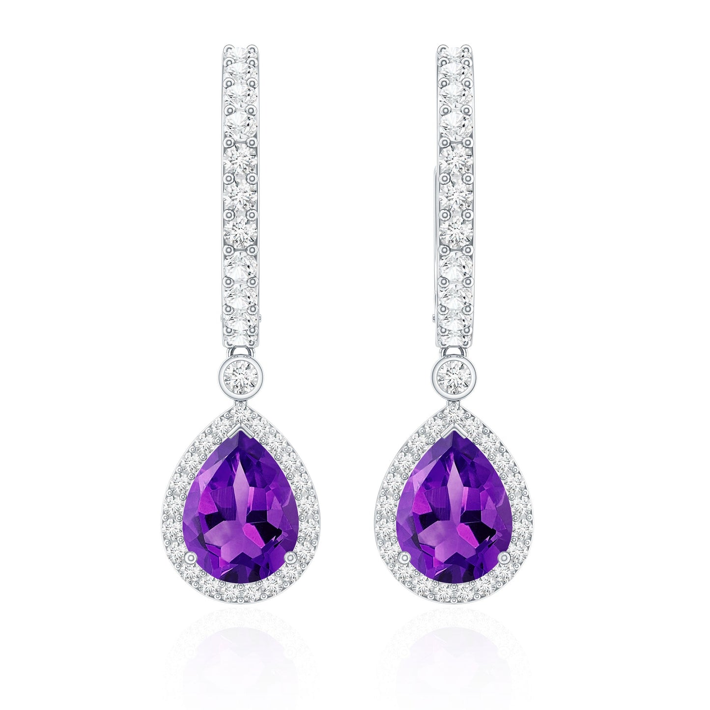 2 Carat Pear Cut Amethyst Hoop Drop Earrings with Diamond Halo