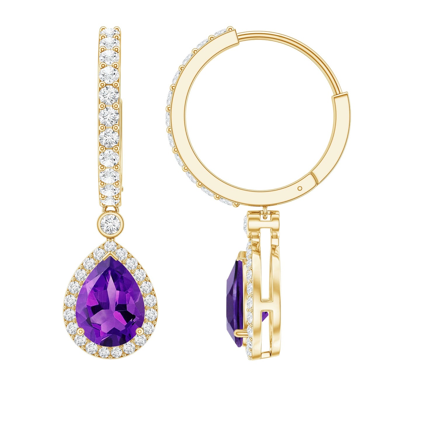 2 Carat Pear Cut Amethyst Hoop Drop Earrings with Diamond Halo