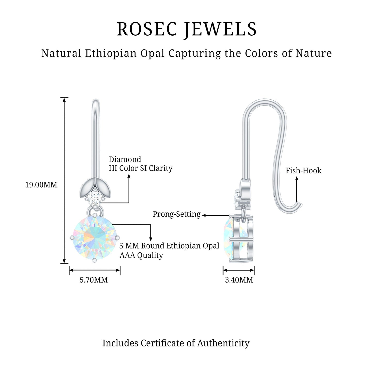 Round Ethiopian Opal and Diamond Drop Earrings with Fish Hook