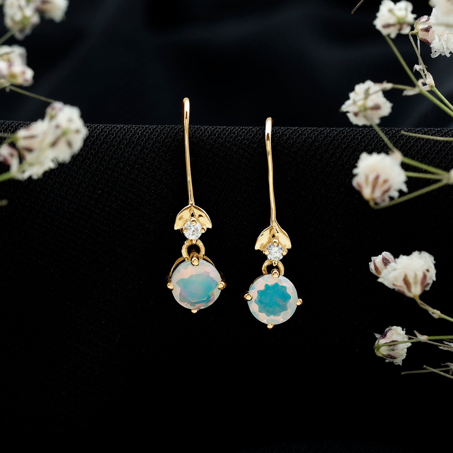 Round Ethiopian Opal and Diamond Drop Earrings with Fish Hook
