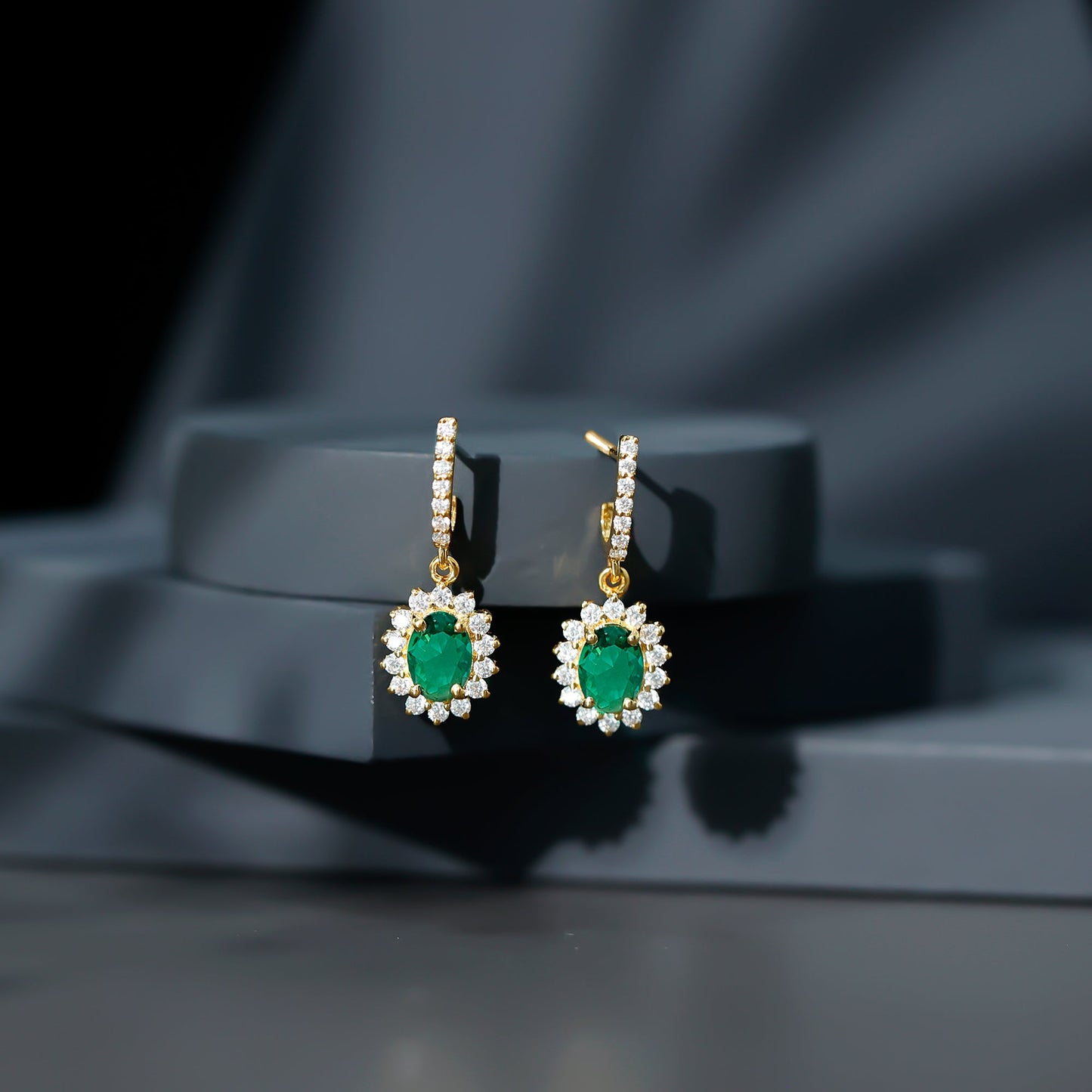 1.7 Carat Oval Shape Lab Grown Emerald Drop Earrings with Diamond
