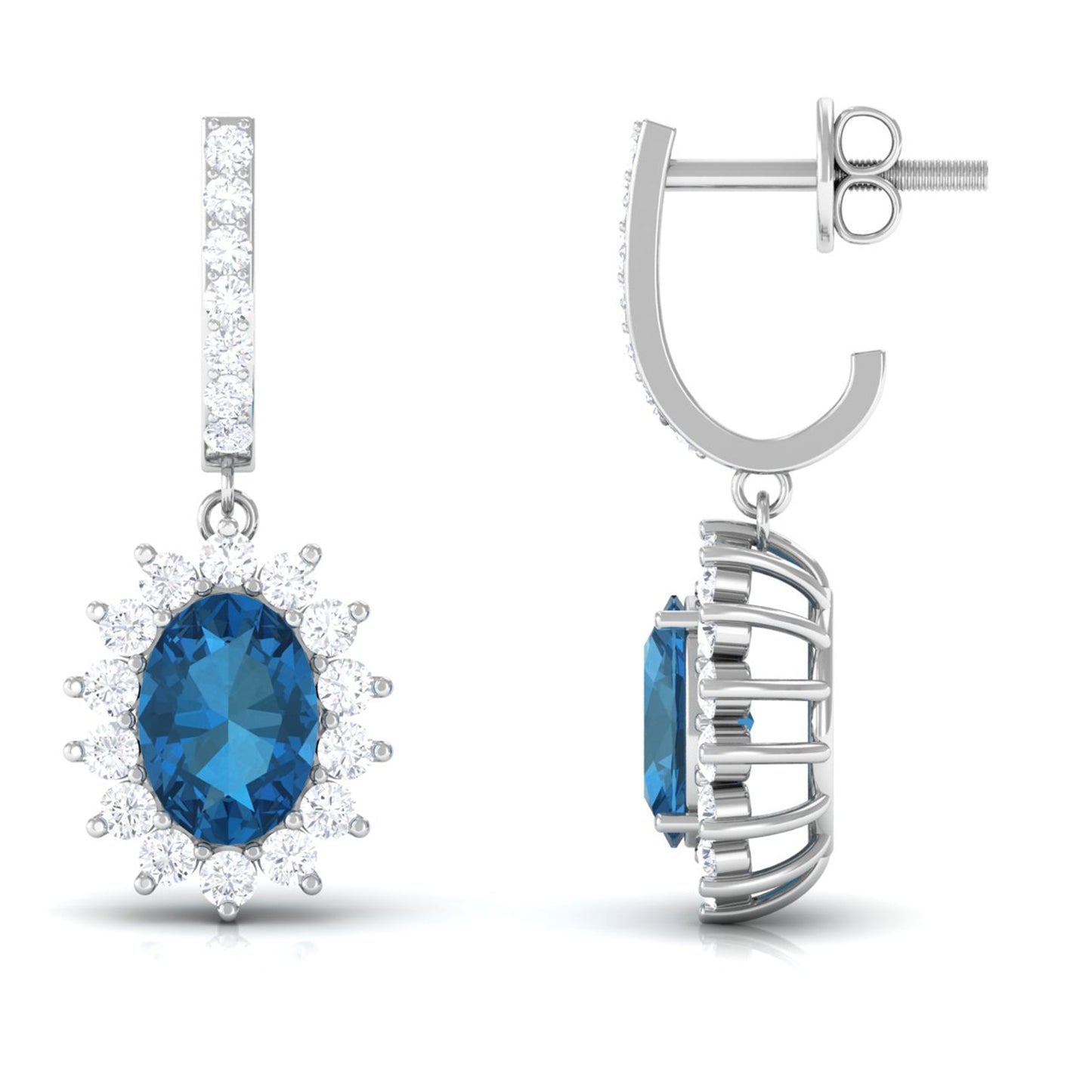 Natural 2.2 Carat London Blue Topaz Drop Earrings with Diamond Halo