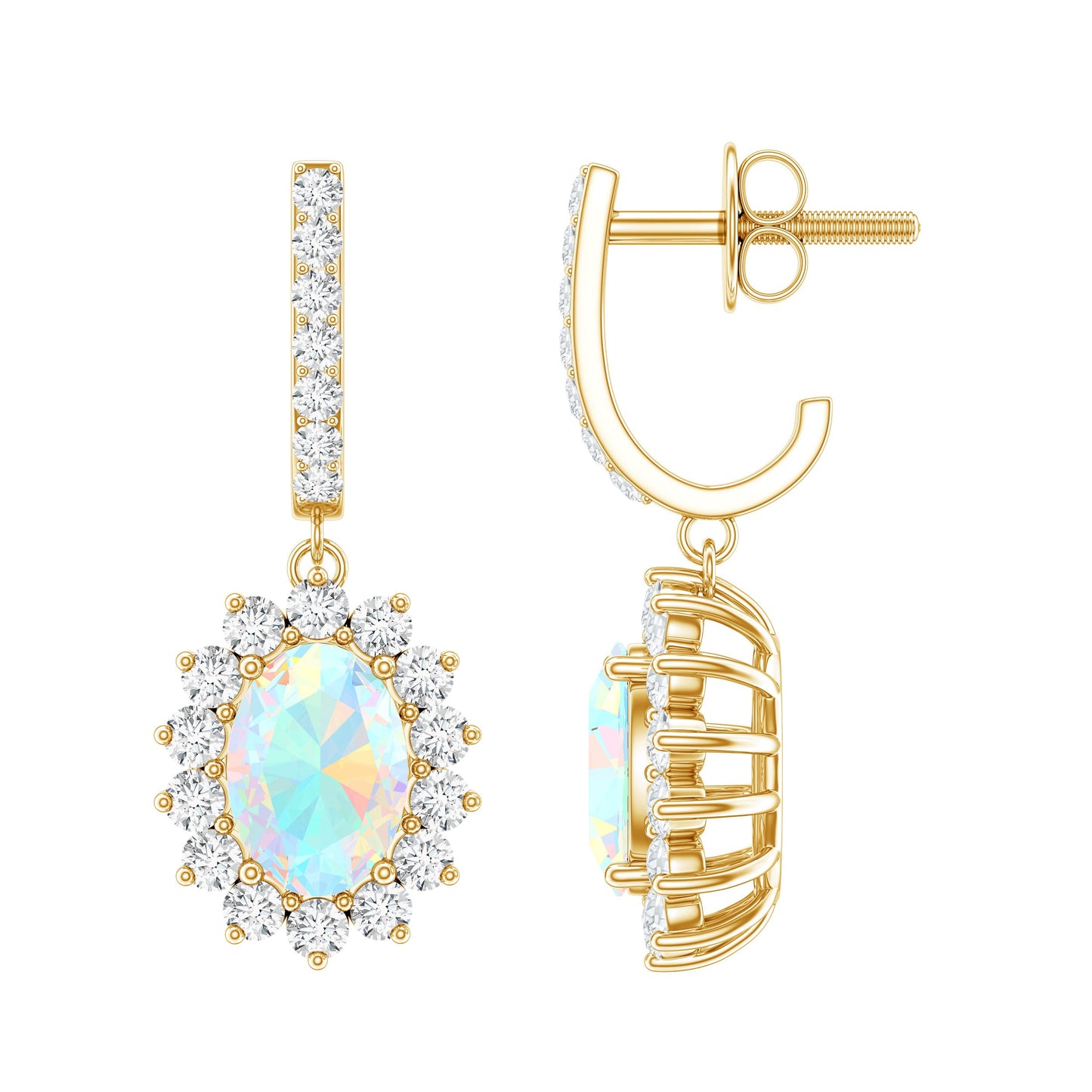 Genuine Ethiopian Opal and Moissanite Hoop Drop Earrings