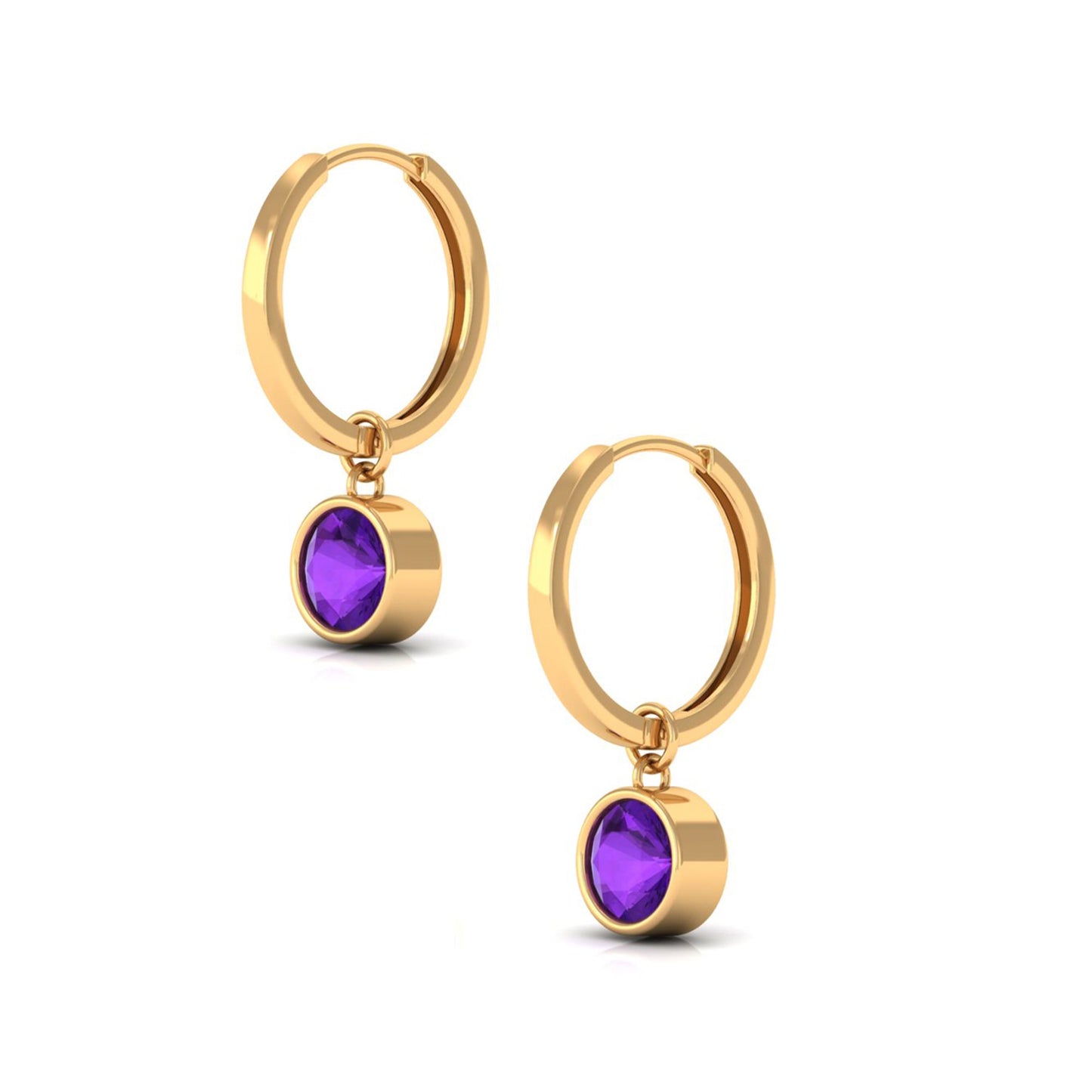 Certified Natural Amethyst Hoop Drop Earrings in Bezel Setting