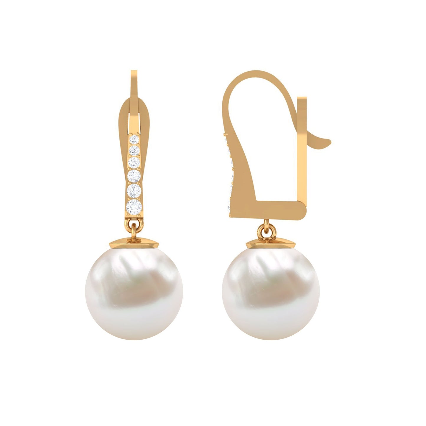 Simple Freshwater Pearl and Diamond Drop Earrings with Lever Back
