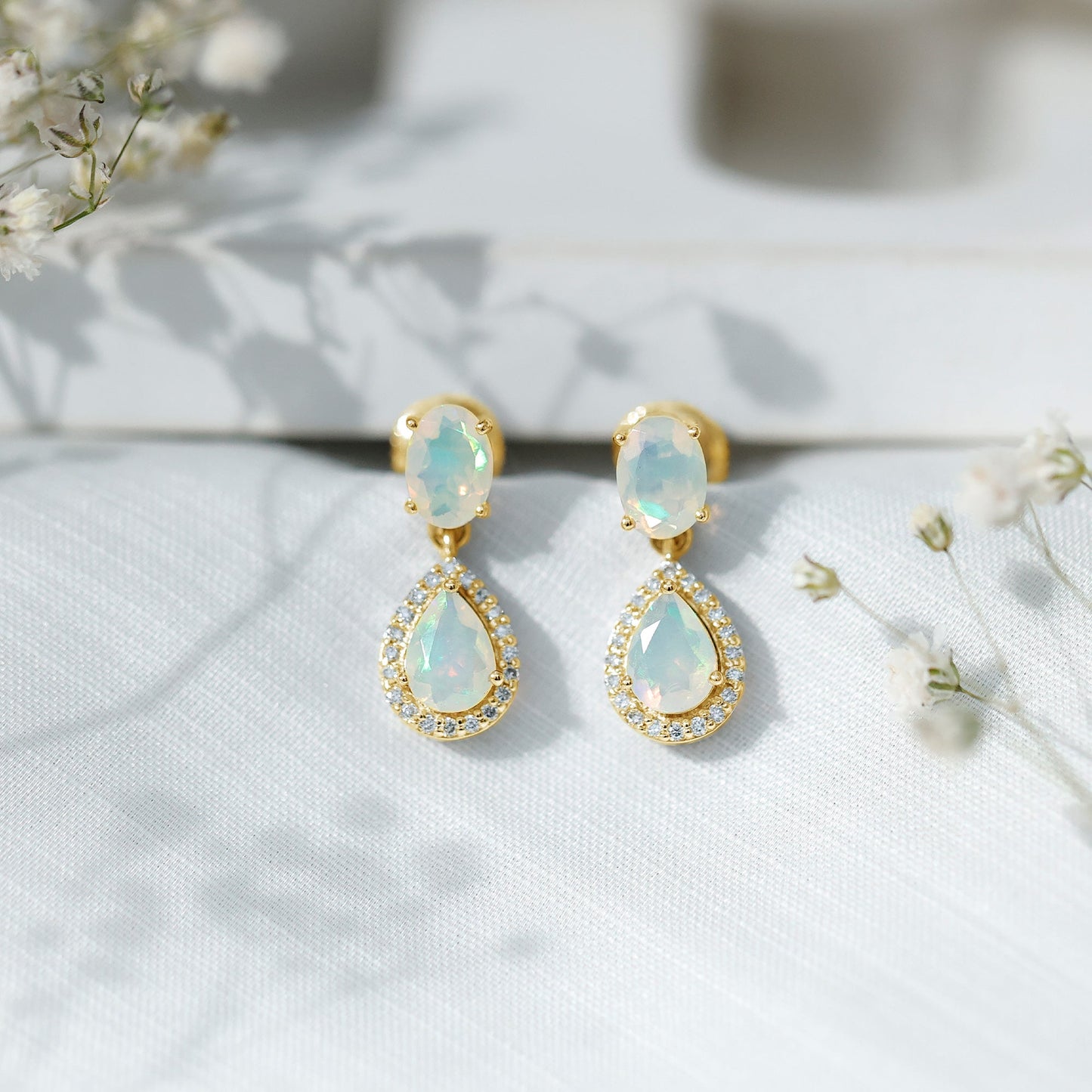 Genuine 1.8 Carat Ethiopian Opal Drop Dangle Earrings with Diamond Halo