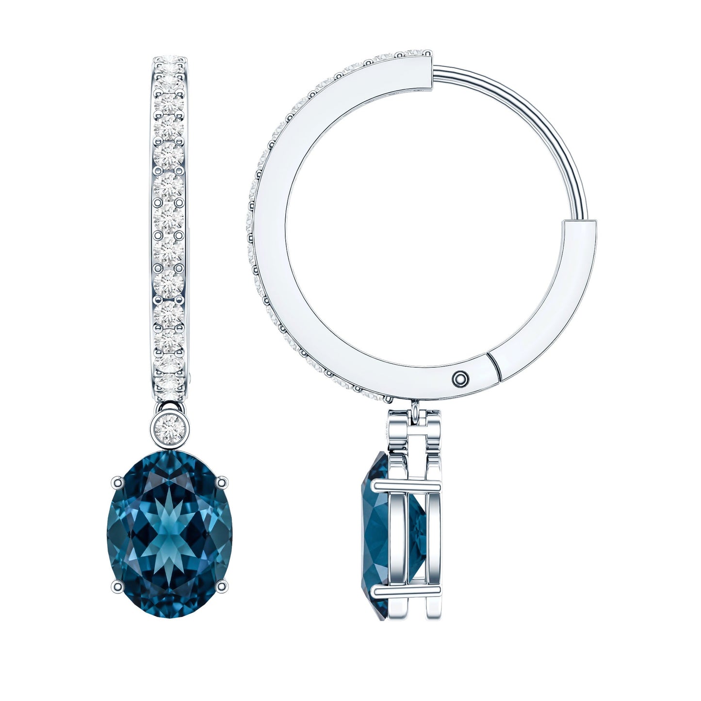 Natural Oval 2.2 Carat London Blue Topaz Drop hoop Earrings with Diamond
