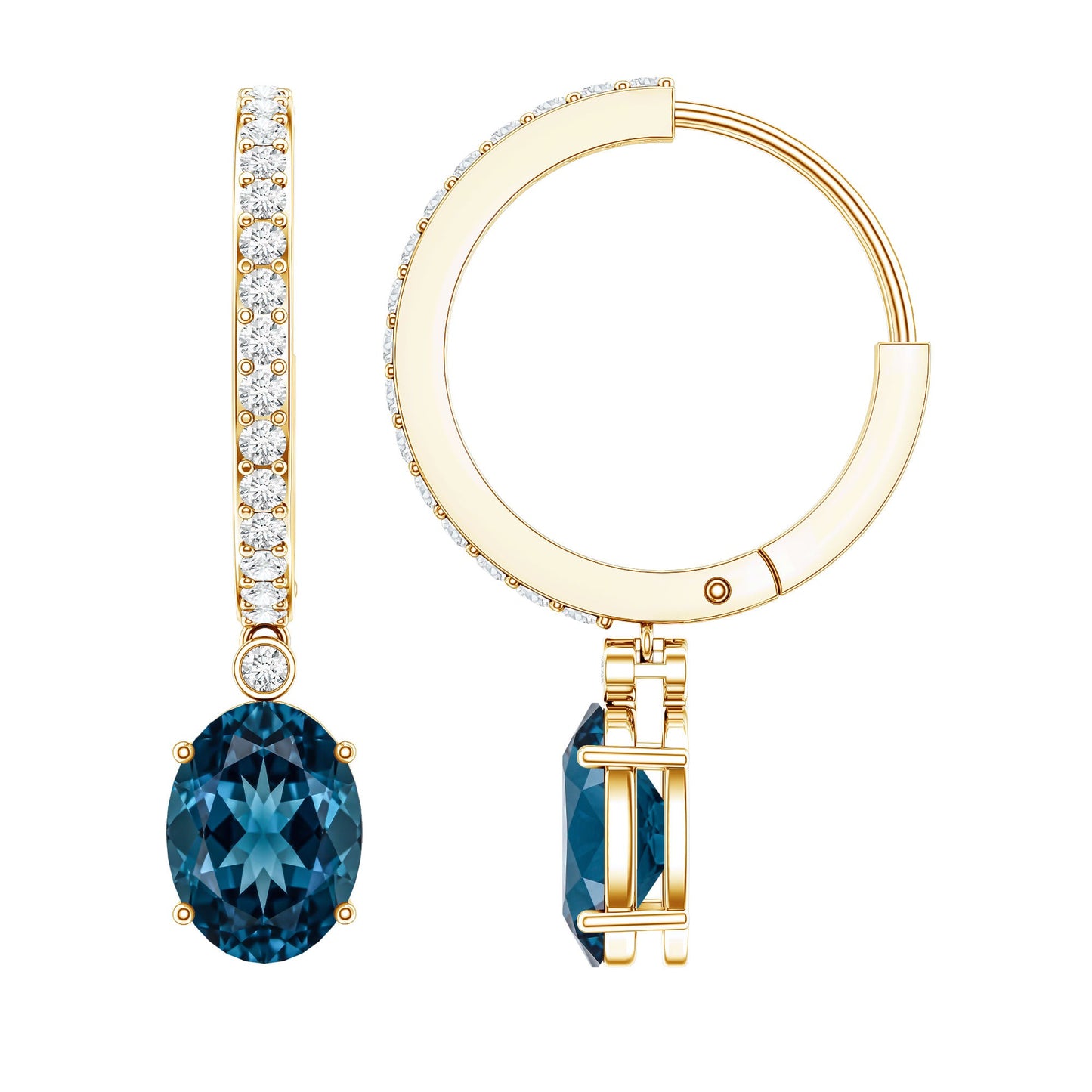 Natural Oval 2.2 Carat London Blue Topaz Drop hoop Earrings with Diamond