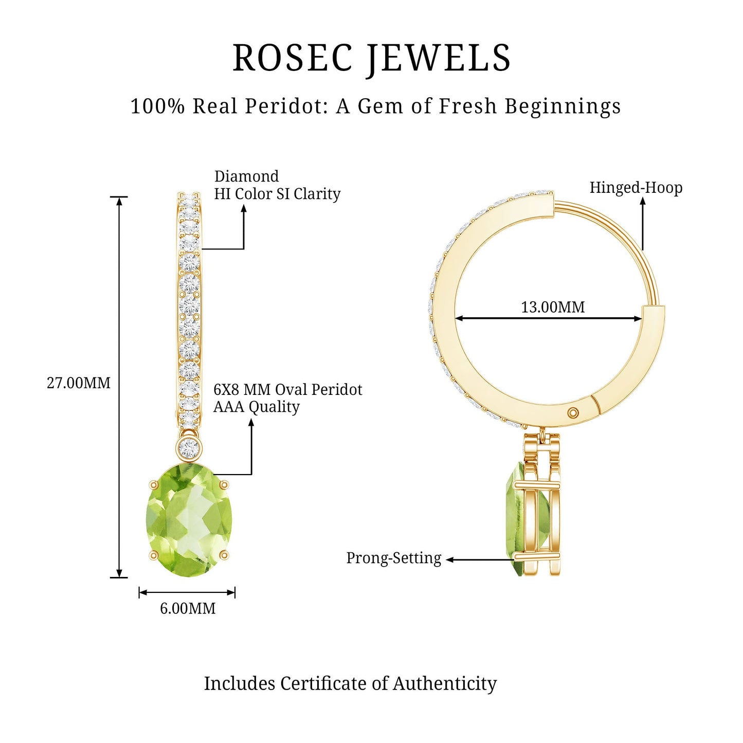 Natural 2.2 Carat Peridot Drop Hoop Earrings with Diamond