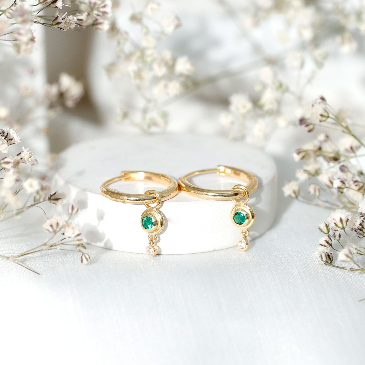 Certified Lab Grown Emerald and Diamond Drop Hoop Earrings