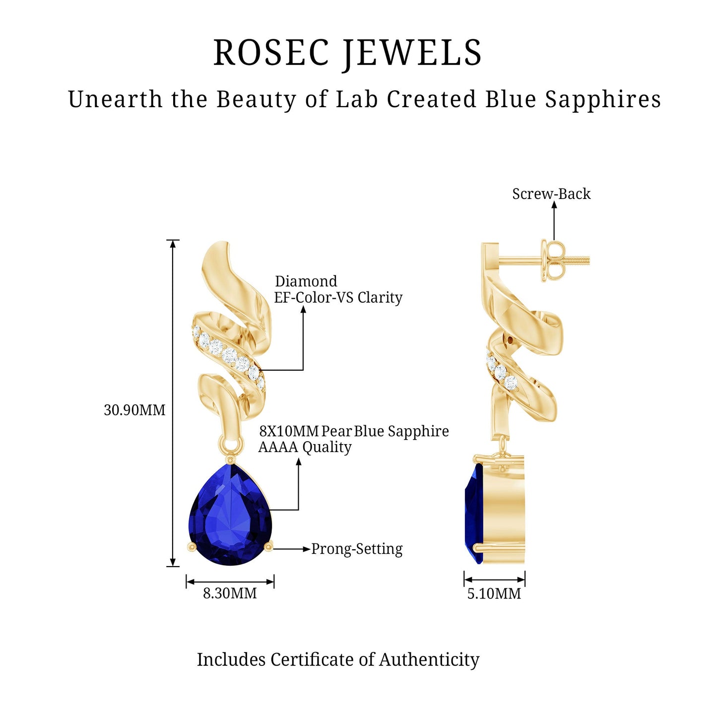Designer Lab Grown Blue Sapphire Teardrop Earrings with Diamonds
