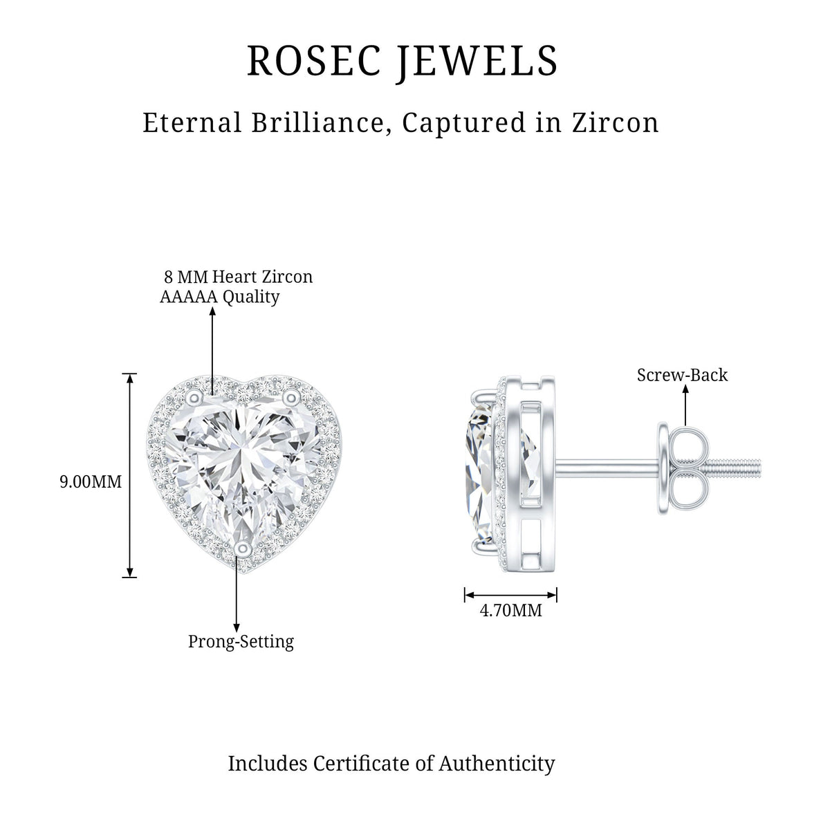 Certified 4 Carat Cubic Zirconia Heart Stud Earrings For Women