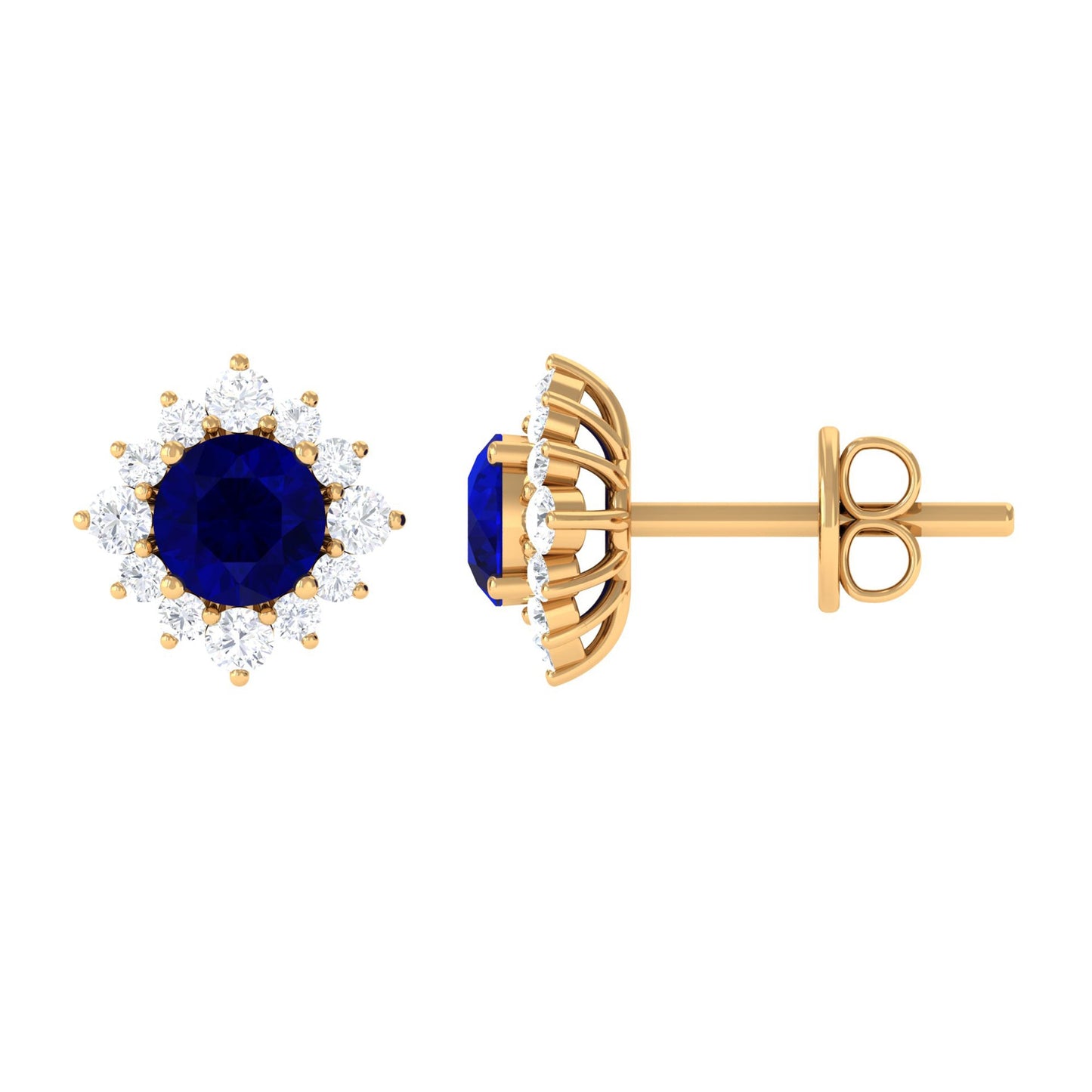 Genuine 0.8 Carat Blue Sapphire Stud Earrings with Diamond Halo