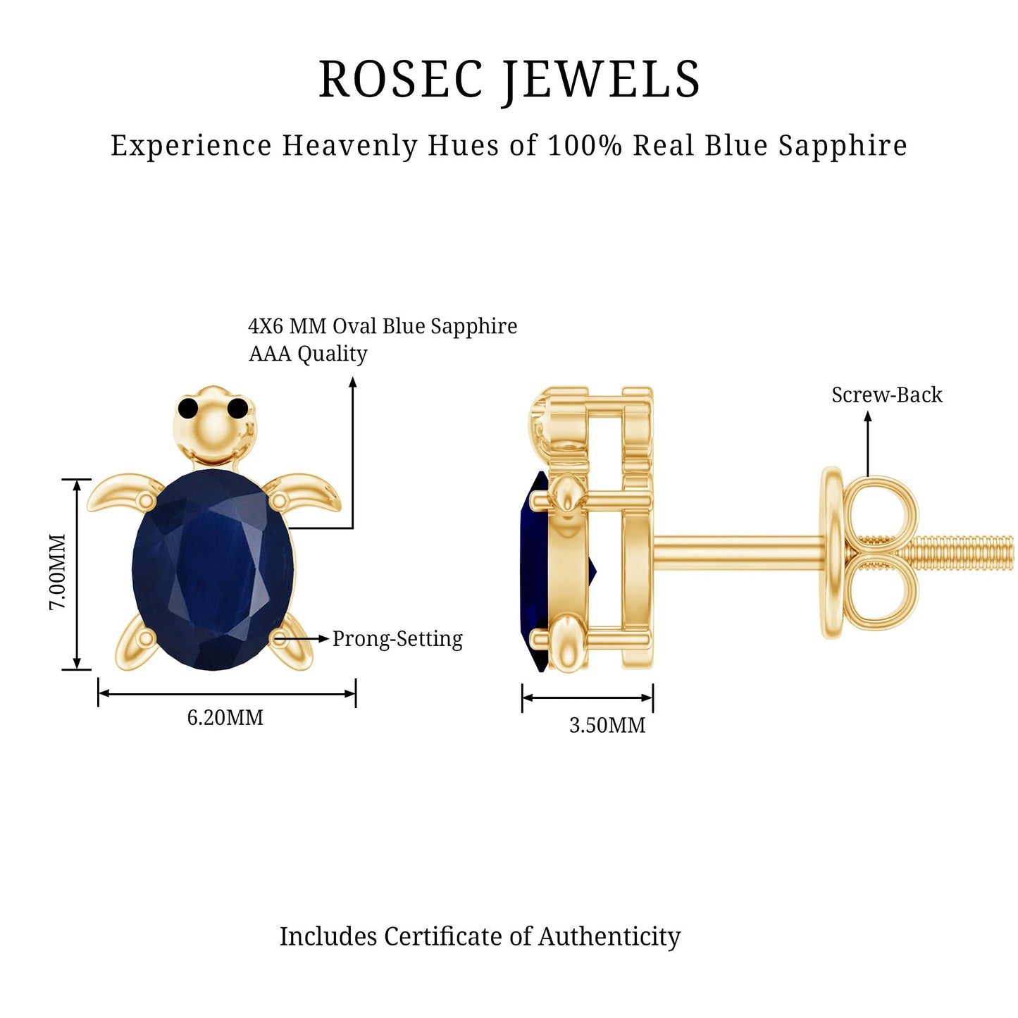 1.2 Carat Oval Cut Blue Sapphire Sea Turtle Earrings