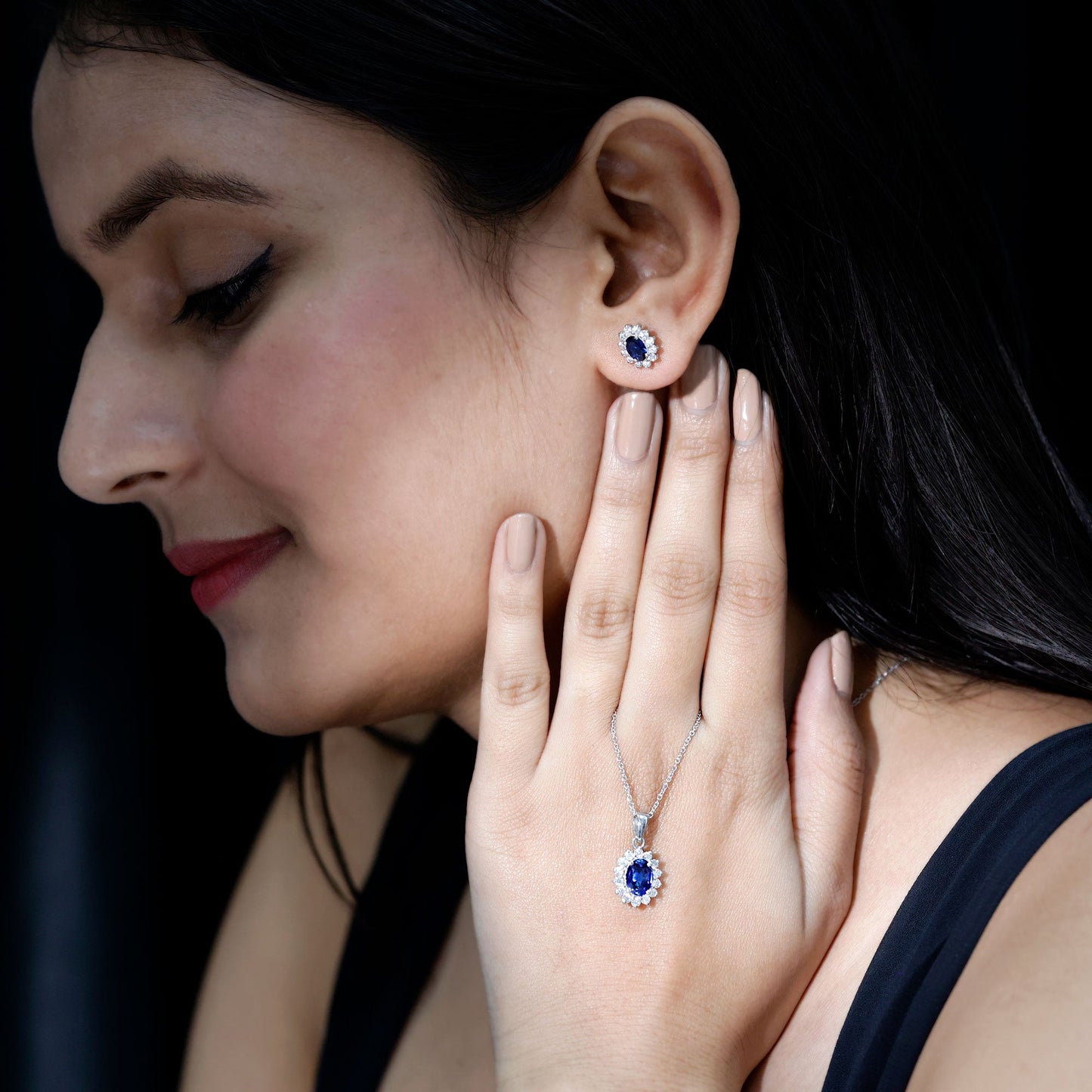Oval Shaped Lab Created Blue Sapphire Necklace and Earrings Set with Moissanite Halo