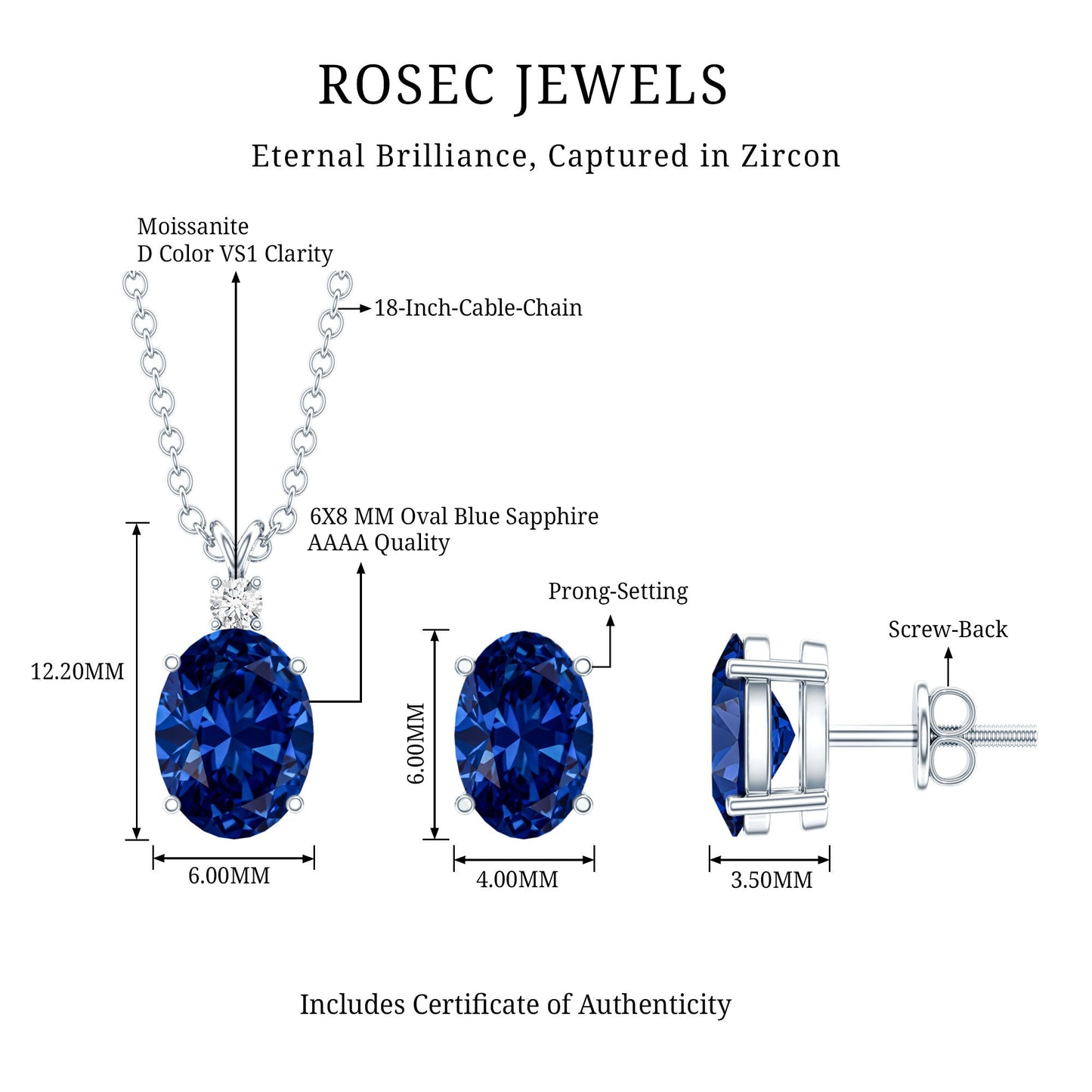 Lab Grown Blue Sapphire Solitaire Jewelry Set with Moissanite