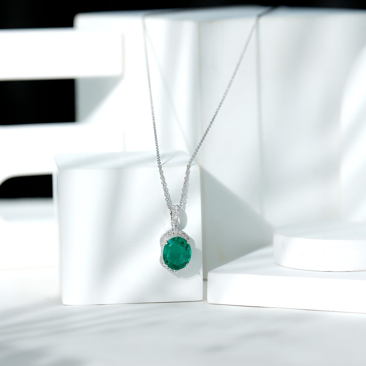 Art Deco Style 5 Carat Lab Grown Emerald Pendant Necklace with Diamond