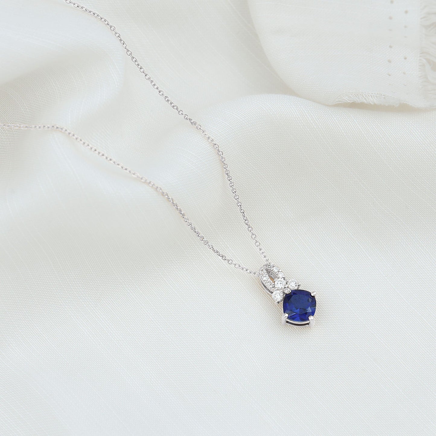 Cushion Cut Lab Grown Blue Sapphire Solitaire Necklace with Diamond