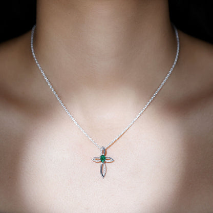 Pear Cut Emerald Cross Pendant With Lab Grown Diamond