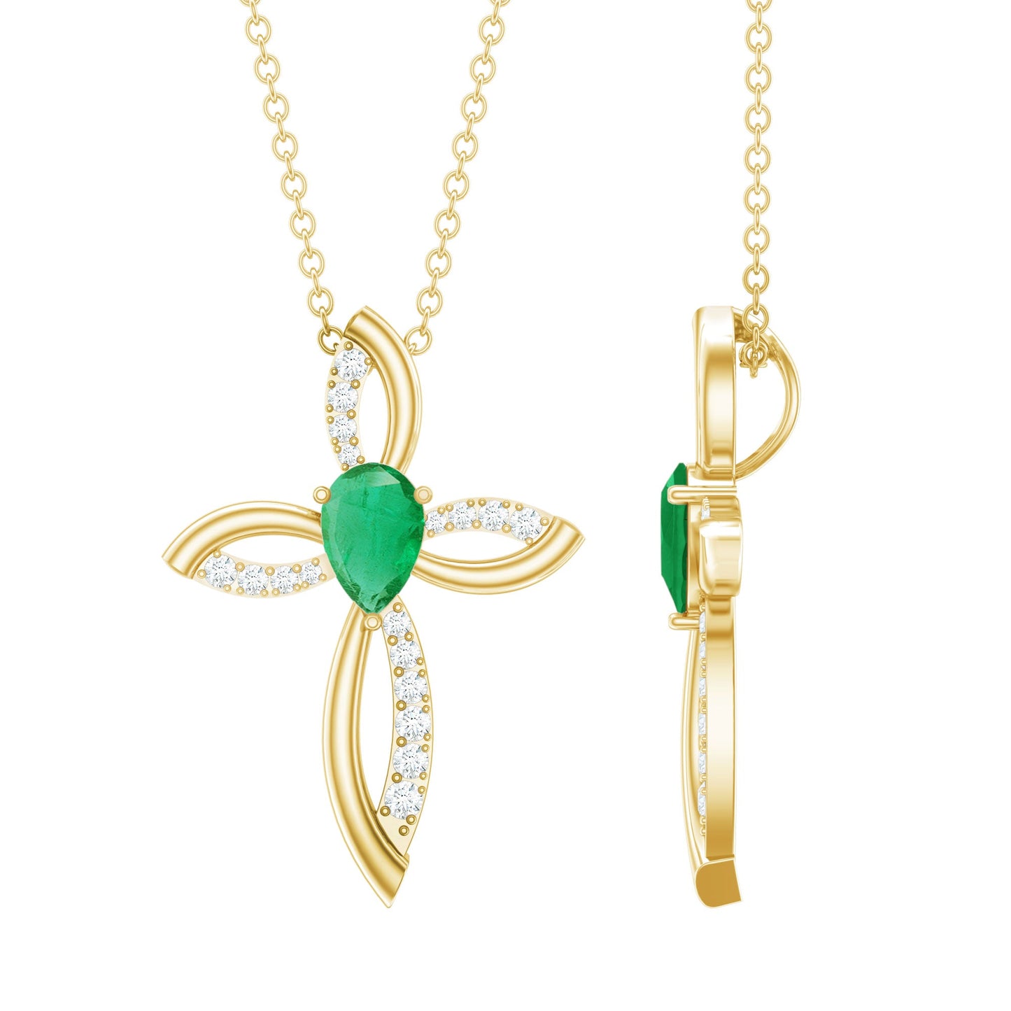 Pear Cut Emerald Cross Pendant With Lab Grown Diamond