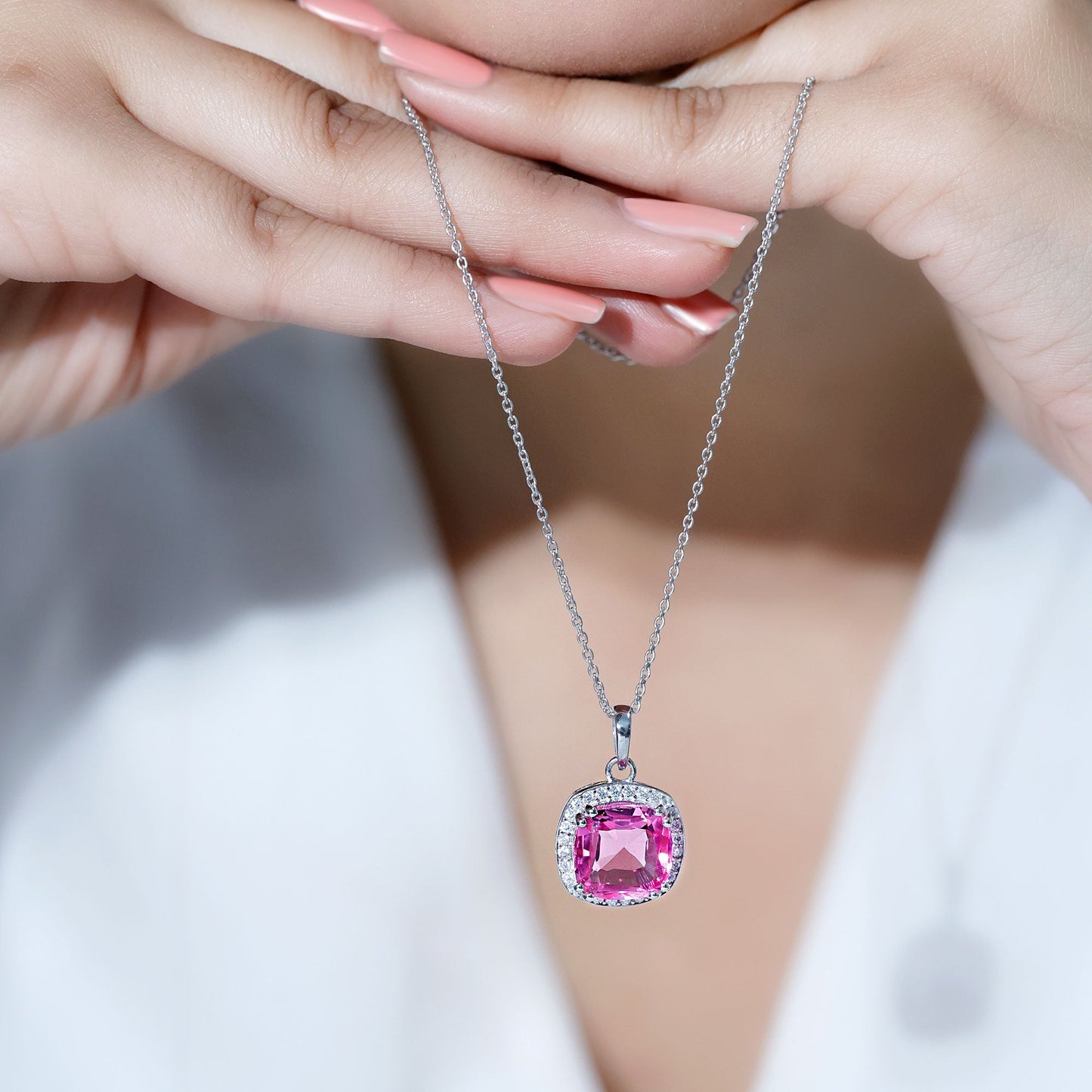 6 Carat Lab Grown Pink Sapphire Cocktail Necklace With Silver Chain