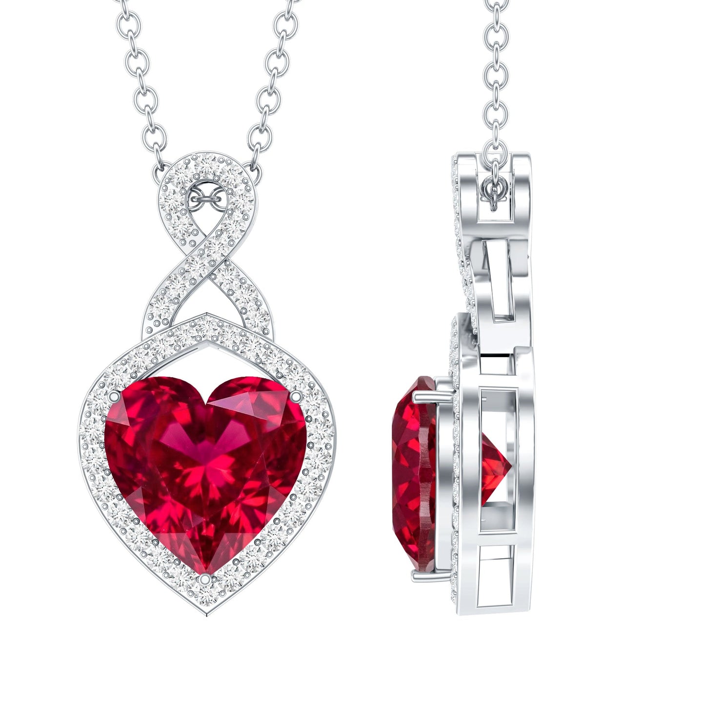 AAAA Quality 2 Carat Lab Grown Ruby Heart Infinity Necklace with Silver Chain