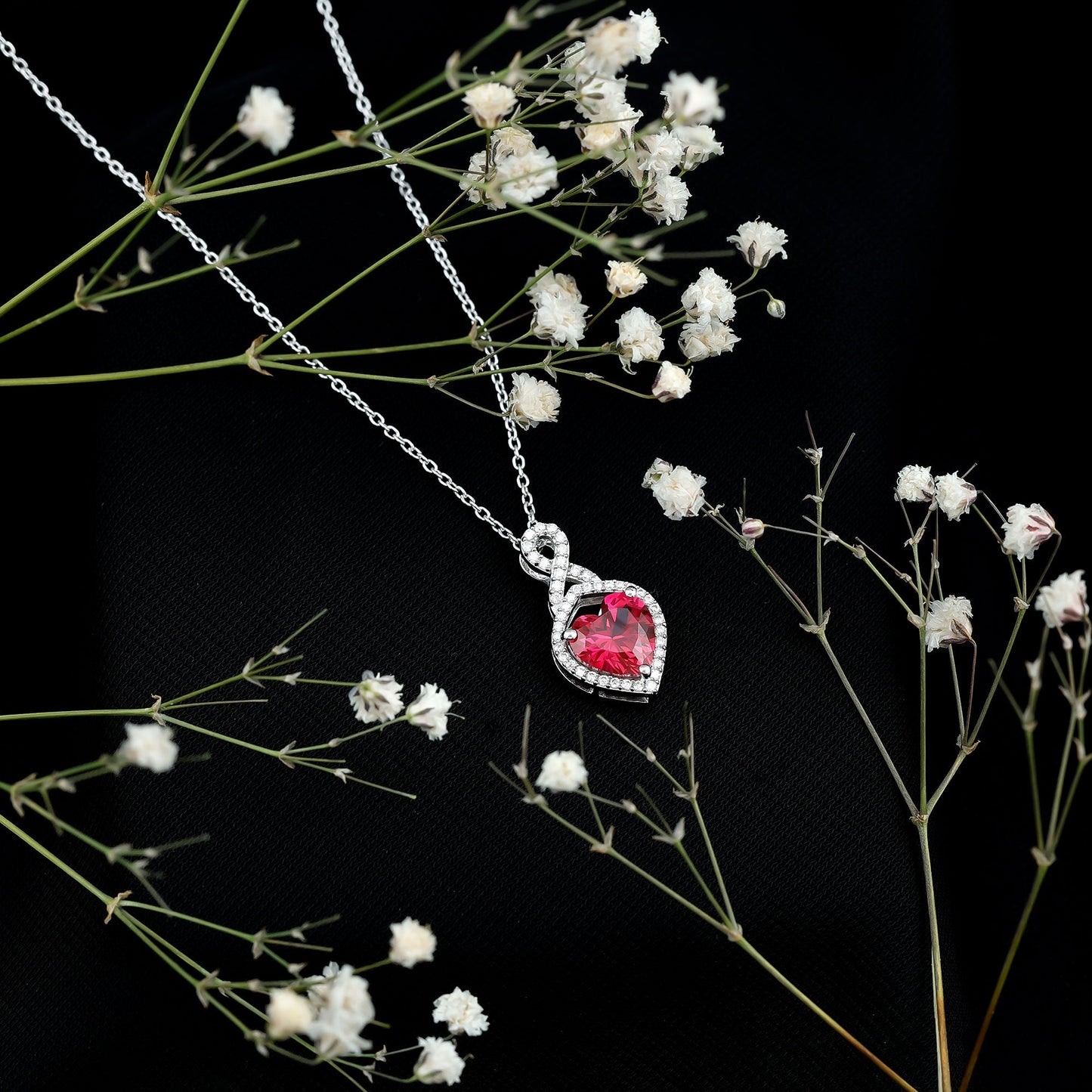 AAAA Quality 2 Carat Lab Grown Ruby Heart Infinity Necklace with Silver Chain