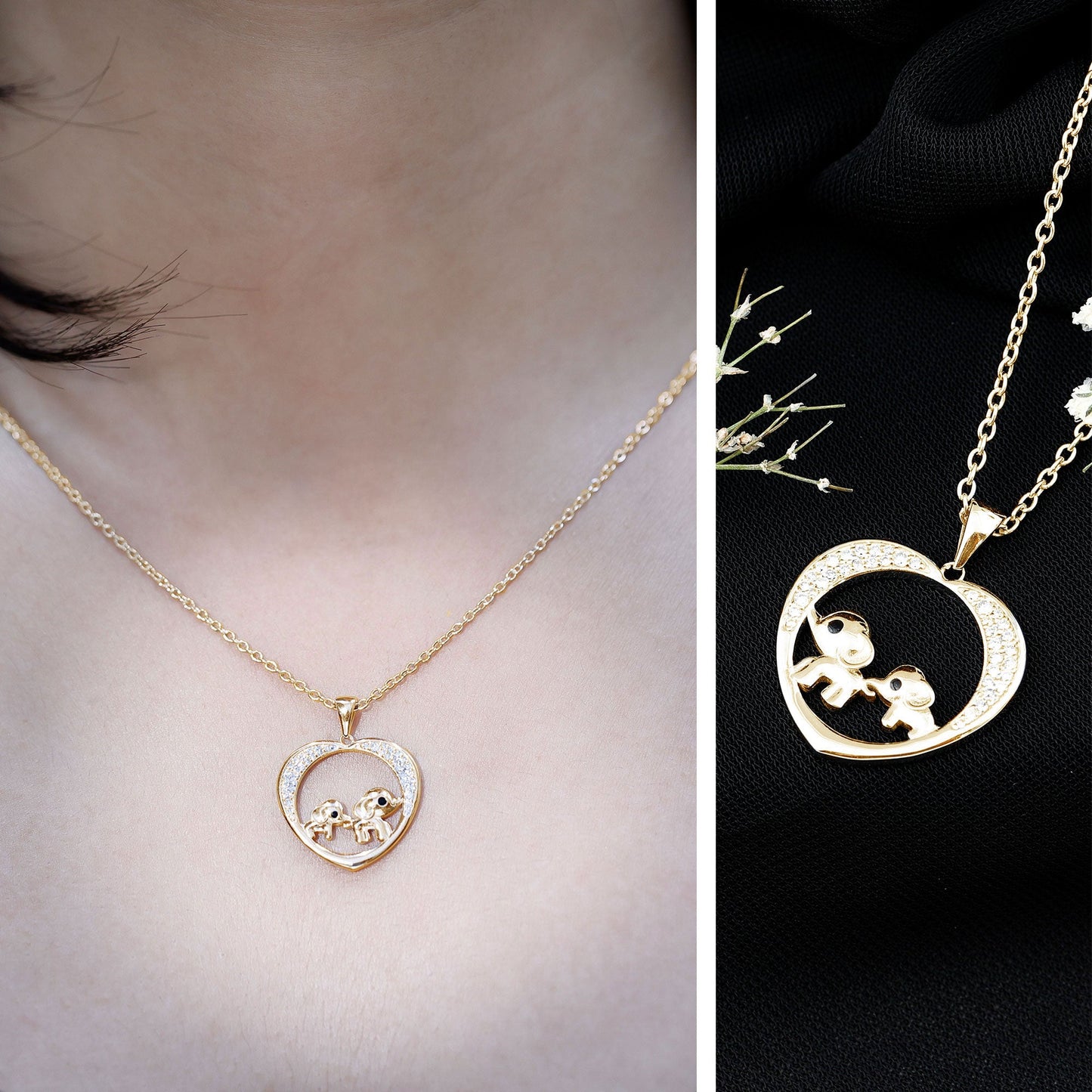 Diamond Elephant Mother Child Necklace