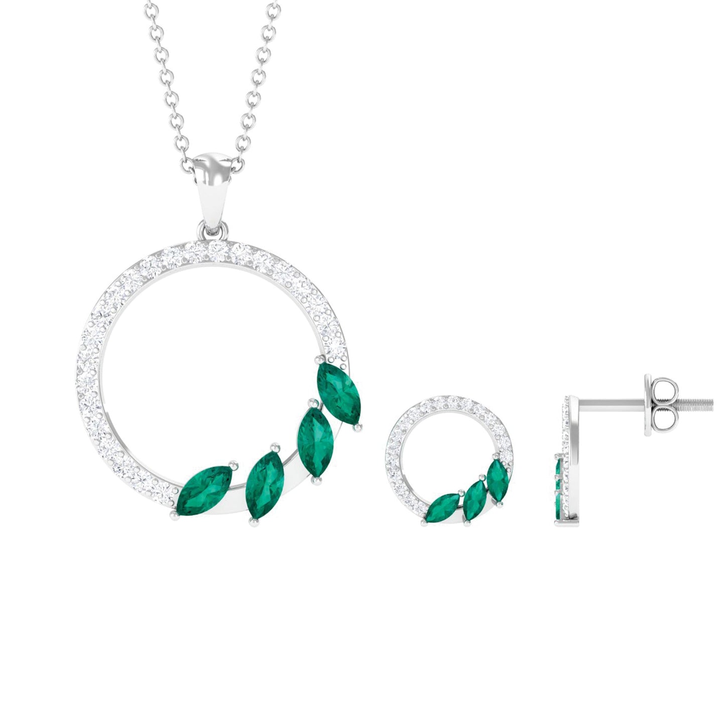 Natural Emerald Circle Necklace and Earrings Set with Diamond