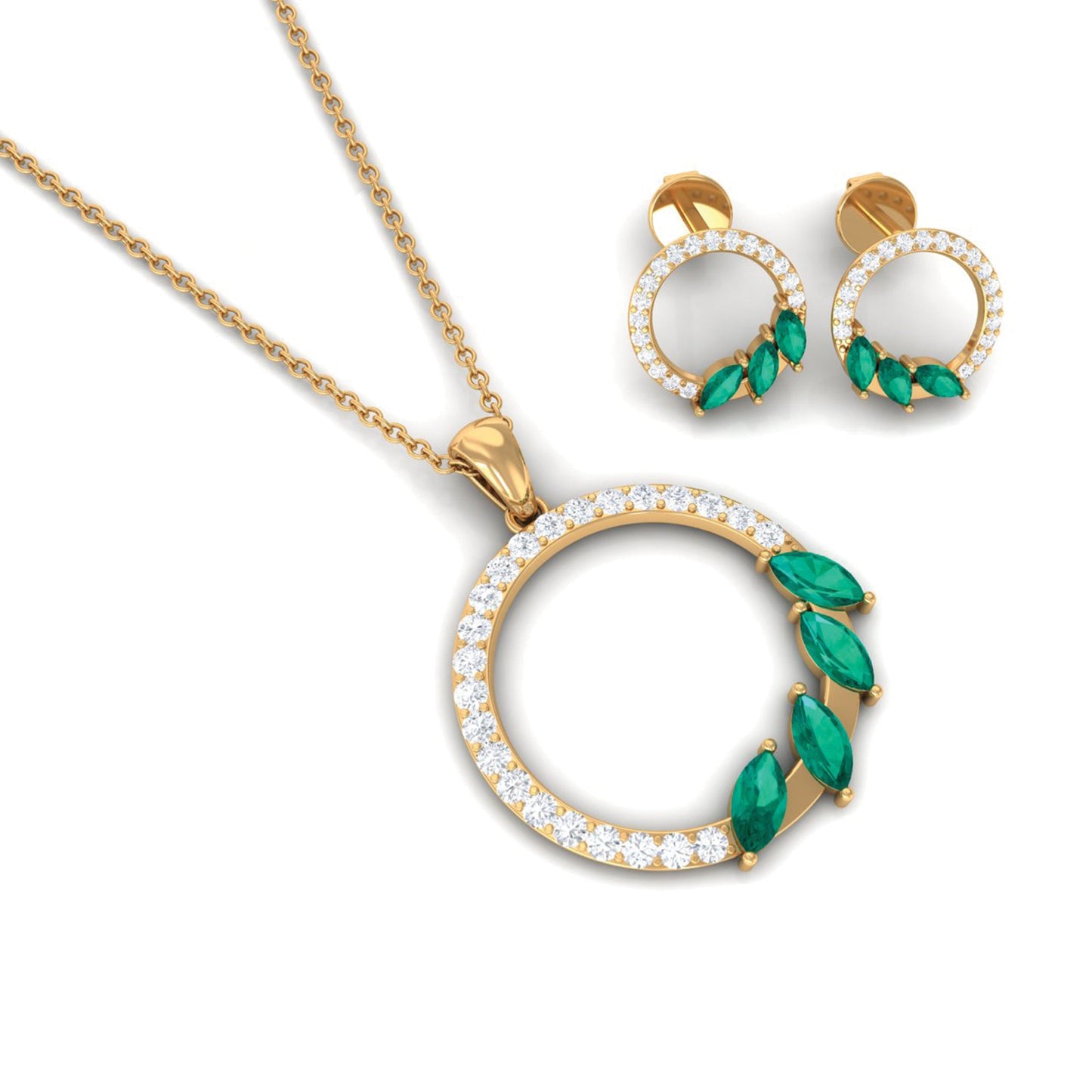 Natural Emerald Circle Necklace and Earrings Set with Diamond