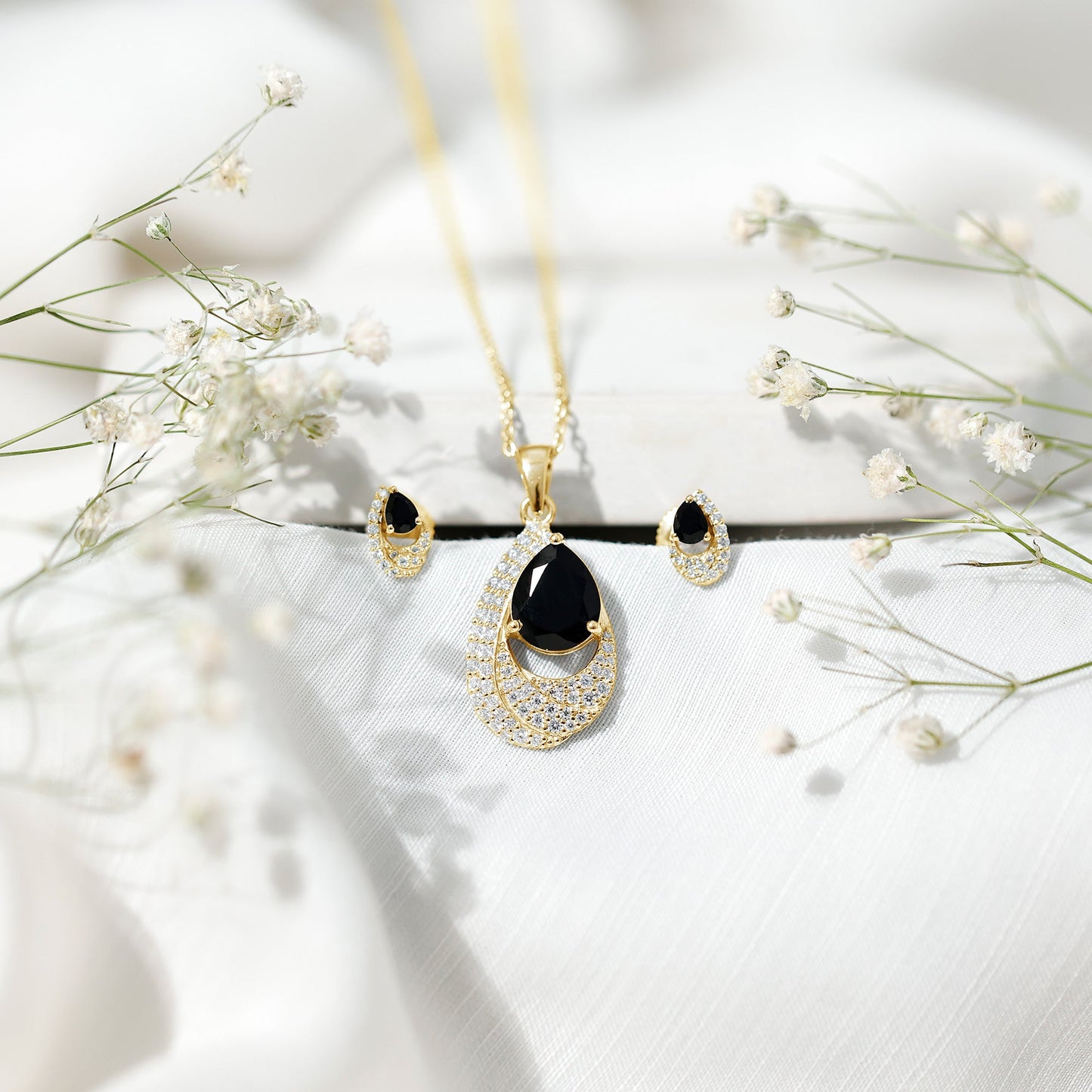 Natural Black Onyx Teardrop Necklace and Earrings Set with Certificate