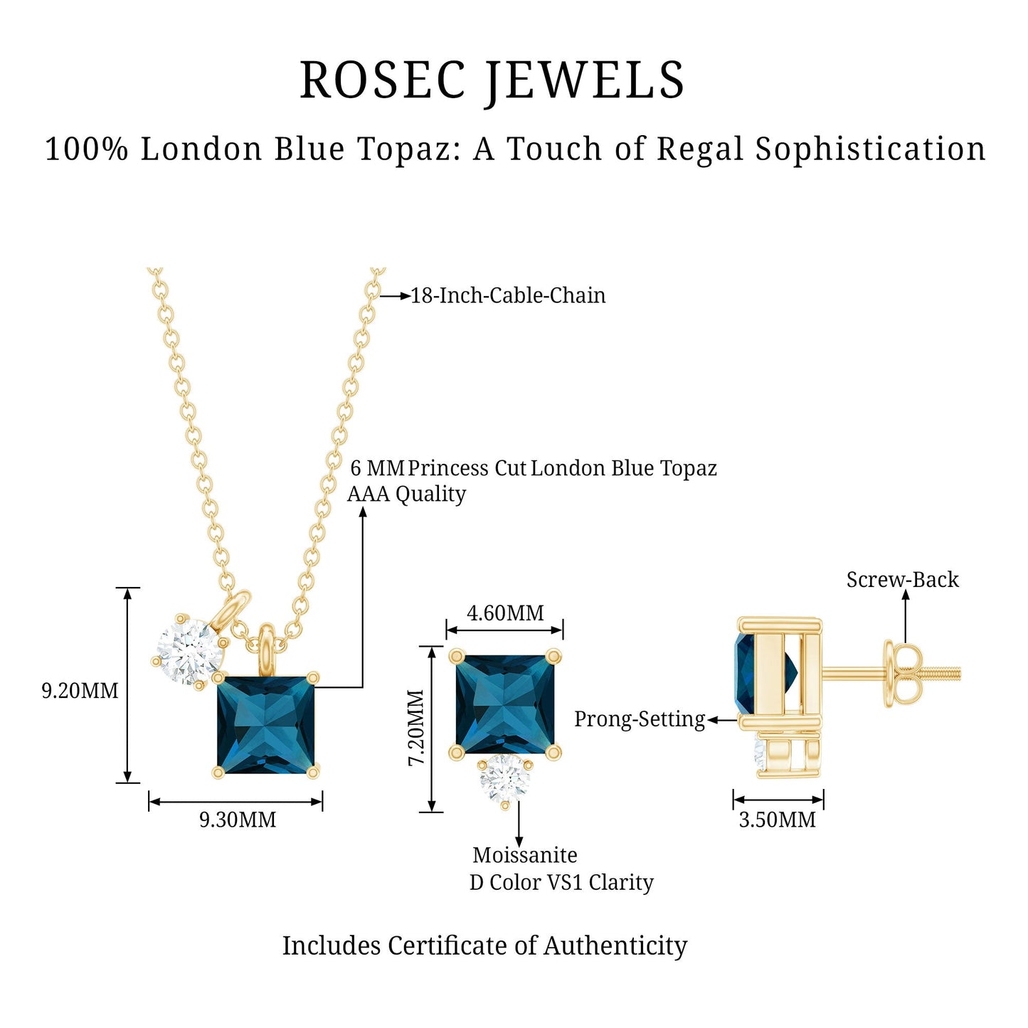 Real London Blue Topaz and Moissanite Two Stone Pendant Earrings Set