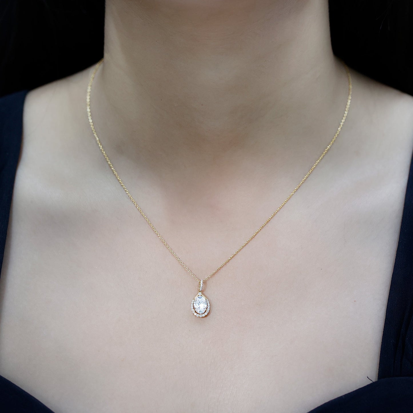 1 Carat Oval Lab Grown Diamond Teardrop Halo Necklace For Women