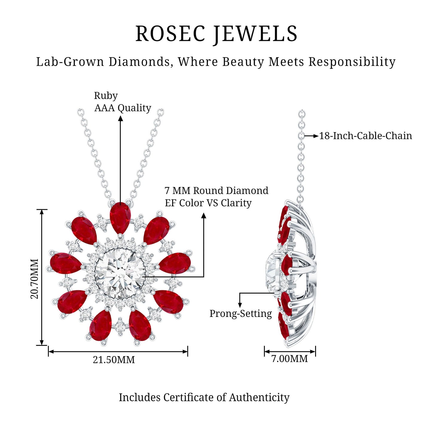 1.2 Carat Lab Grown Diamond Flower Statement Necklace with Ruby
