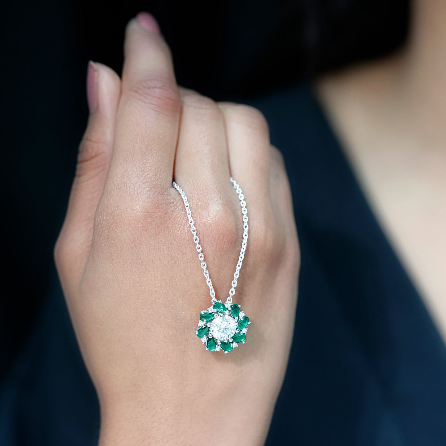 2 Carat Lab Grown Diamond Emerald Flower Bridal Necklace