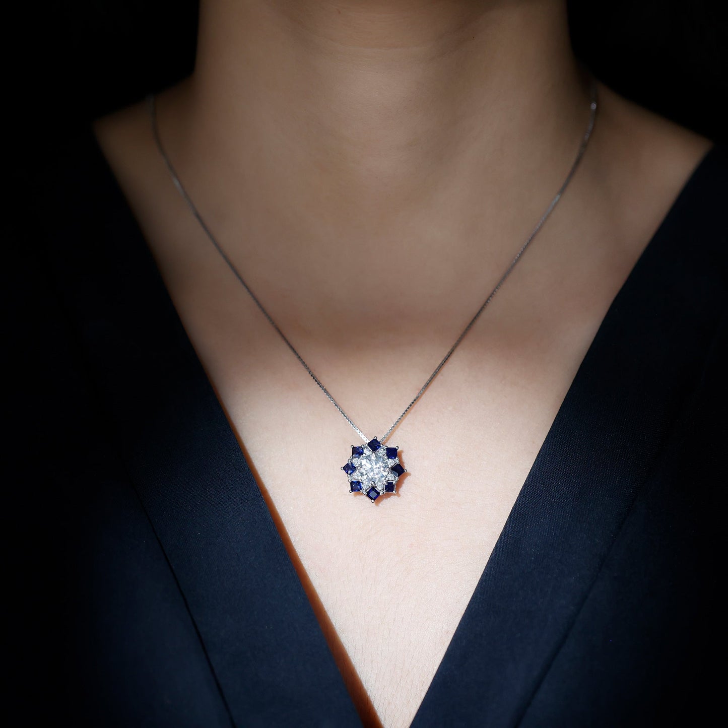 Lab Grown Diamond Art Deco Necklace With Blue Sapphire