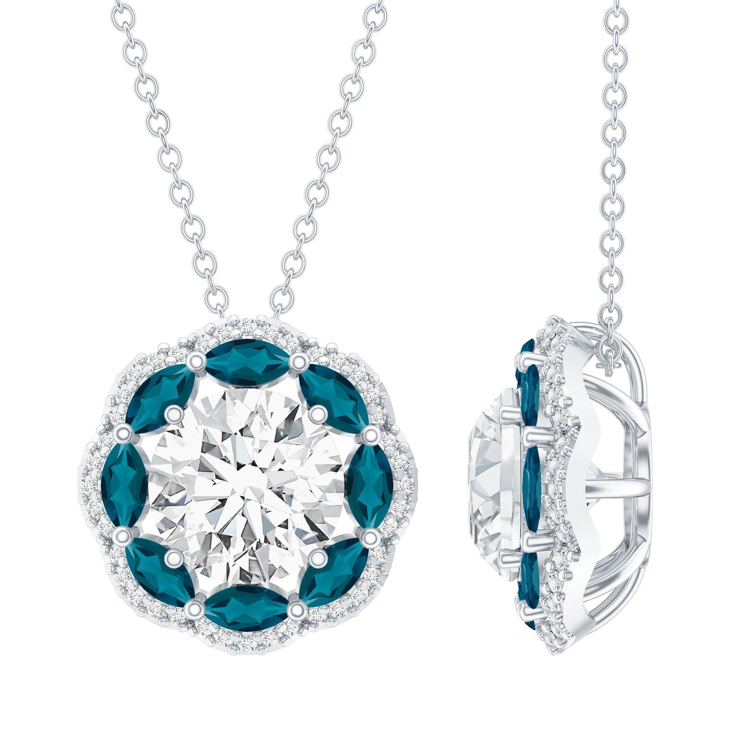 2 Carat Lab Grown Diamond Halo Necklace With London Blue Topaz
