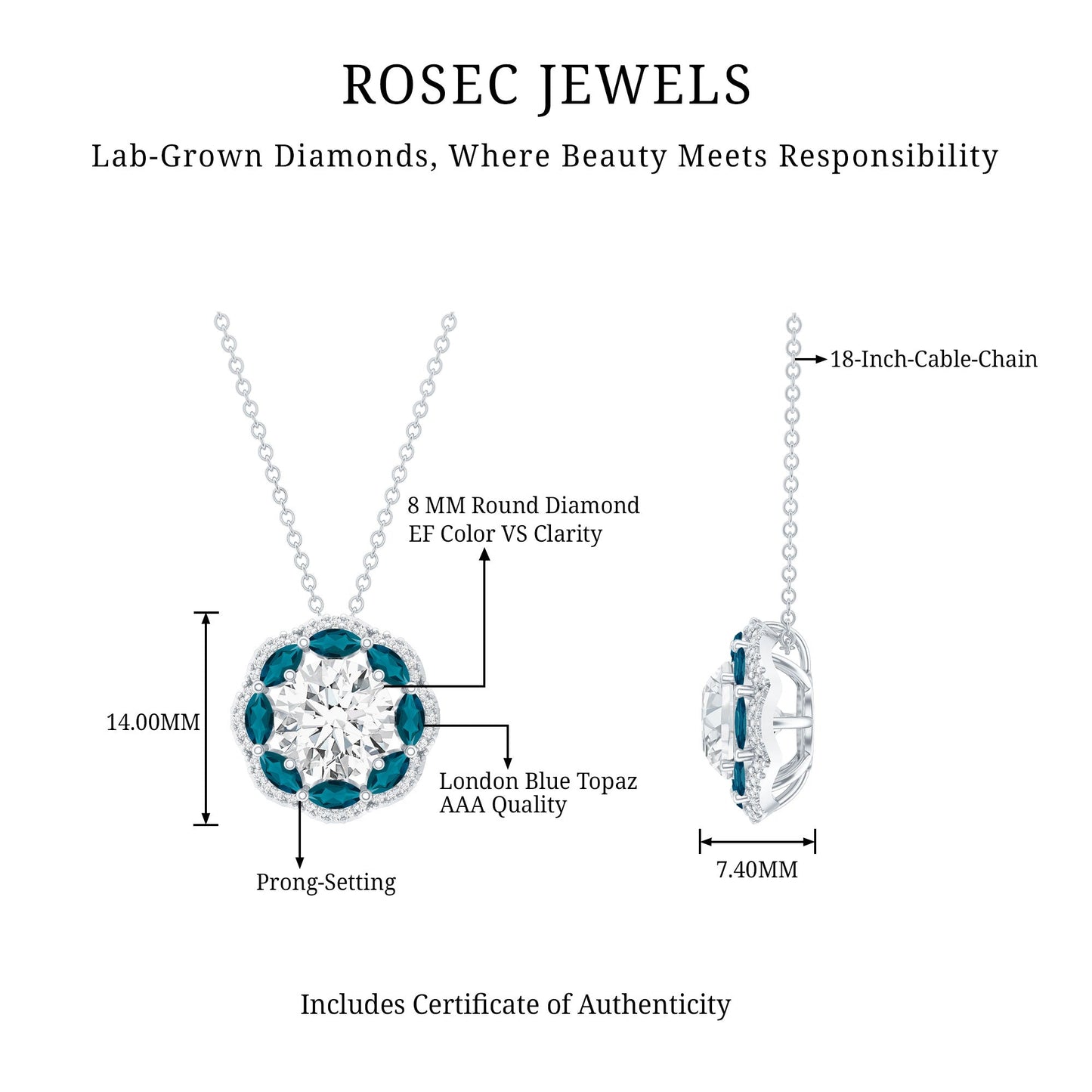 2 Carat Lab Grown Diamond Halo Necklace With London Blue Topaz