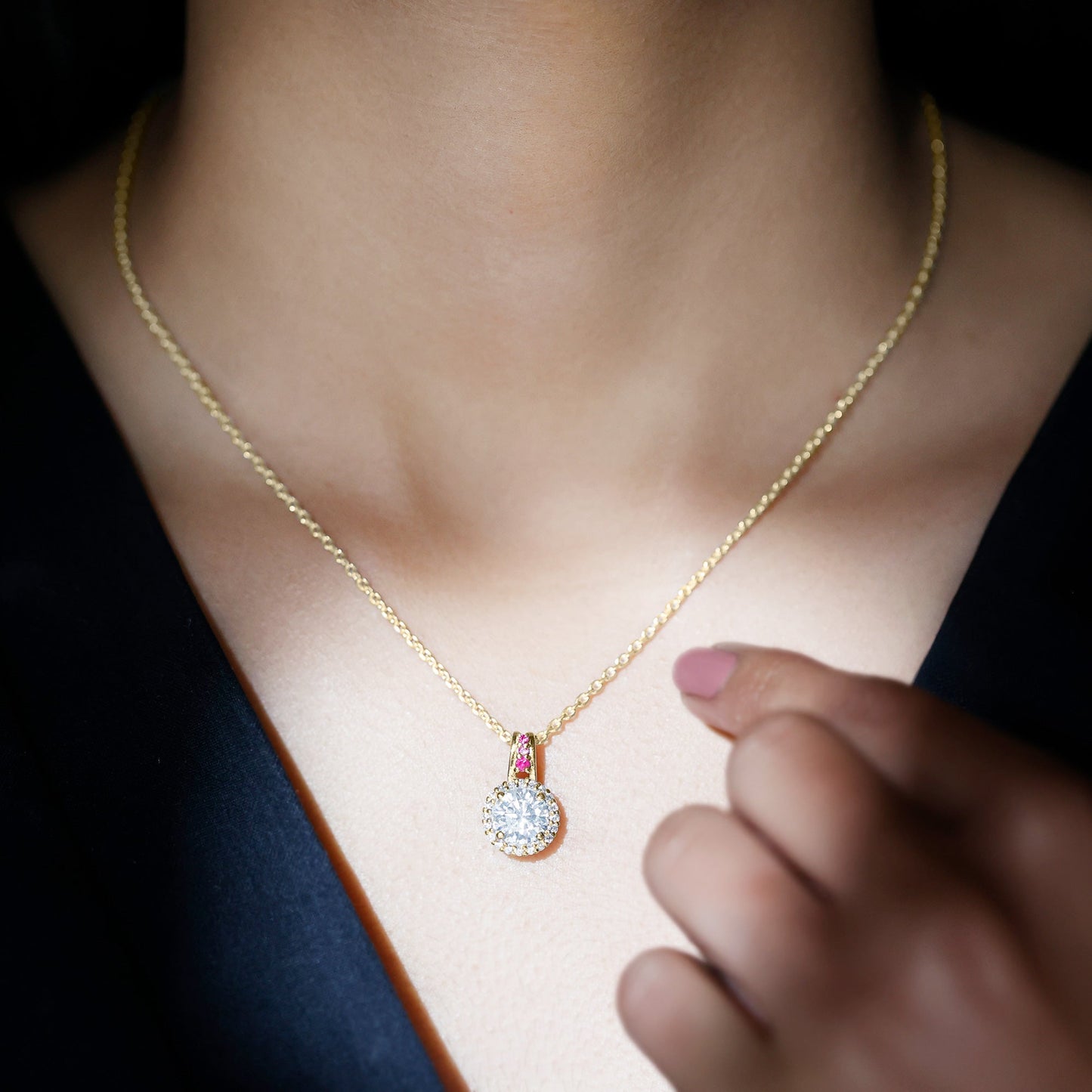 Certified MM Lab Grown Diamond Halo Necklace With Ruby Accent Bail